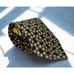 Valentino Cravatte Vintage Silk Tie Blue Gold Medallion Pattern Made in Italy EU